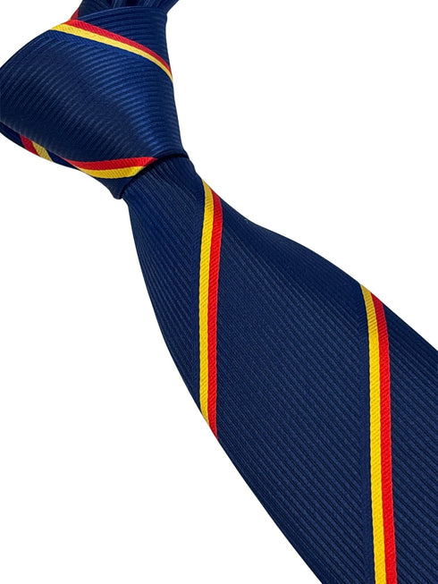 navy dark blue tie with a red and yellow stripe design